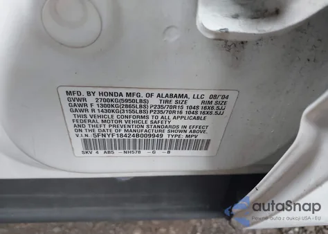 2004 Honda Pilot Ex from USA, damaged, VIN 5FNYF18424B009949